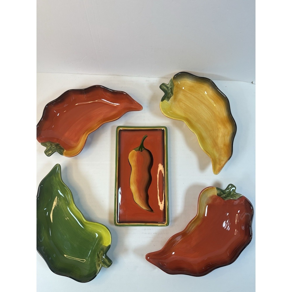 Clay Art Chili Fiesta Chili Pepper Serving Dipping Dishes Hand Painted Set Of 5